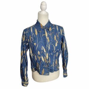 VINTAGE‎ 90s shirt blue chambray wheat button up cotton crop top S
